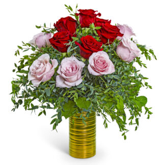 One Dozen Pink and Red Roses in Gold
