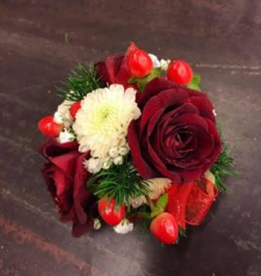 Wrist Corsage-red and white mix with mini roses