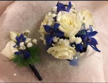 Wrist Corsage - blue and white mix with roses