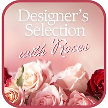 Designer\'s Choice with Roses in Glass Vase